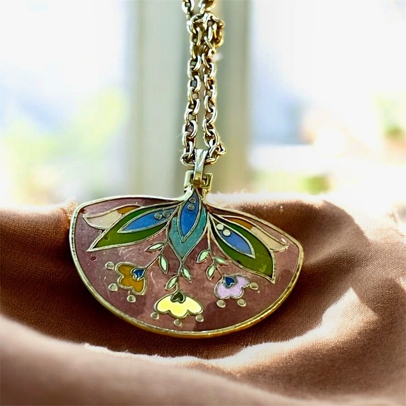 Vintage Cloisonné Floral Fan Necklace - Picture 2 of 4